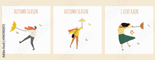 Autumn cards set, fall season illustratios, Hello autumn, cozy autumn, hand drawn vector art, I love leaf fall.