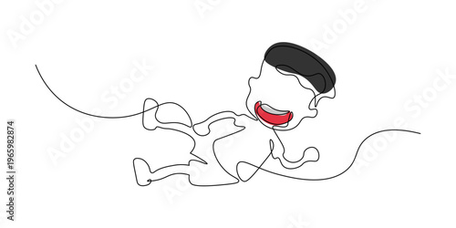 Continuous one line art drawing of a laughing boy cartoon character, minimalist happy child rolling with laughter for April Fools Day.