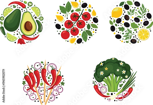 Collection of healthy food compositions with avocado, tomatoes, olives, broccoli, chili peppers and herbs, flat vector illustration set