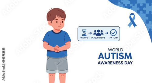Boy waiting in line visual schedule for World Autism Awareness Day