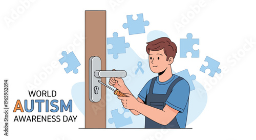 Man fixing a door lock with puzzle pieces for Autism Awareness