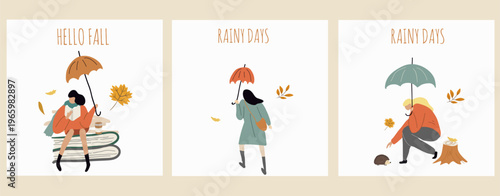 Autumn cards set, fall season illustratios, Hello autumn, cozy autumn, hand drawn vector art, I love leaf fall.