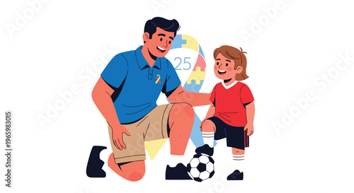 Father playing soccer with son for autism awareness and family support