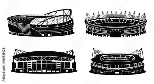 Four black and white illustrations depict modern stadium architecture in a striking minimalist silhouette high quality professional detailed elegant stylish clean