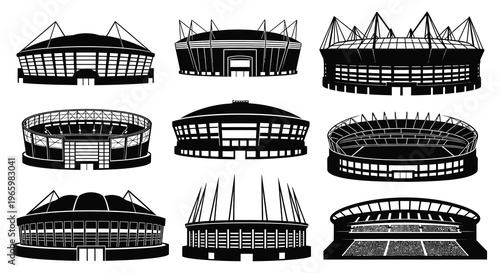 A collection of various stadium designs presented in a striking black and white silhouette high quality professional detailed modern elegant stylish