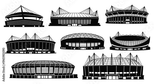 A collection of stadium outlines showcases various architectural designs presented as a striking black silhouette high quality professional detailed modern elegant