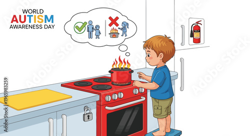 Young boy cooking in kitchen with safety guidance visual for autism