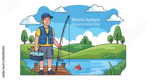 Young boy holding fishing rod standing on wooden pier by peaceful lake