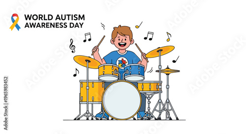Happy boy playing drums with enthusiasm for World Autism Awareness Day