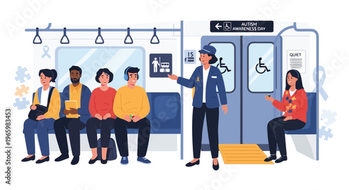 People traveling in subway train with awareness signs for autism support