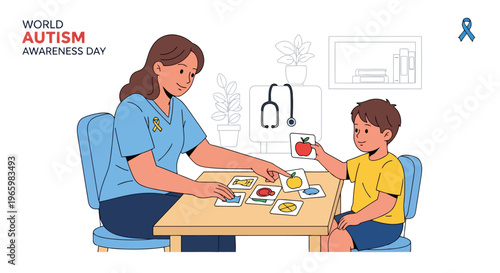 Doctor teaching young boy with flashcards in medical clinic setting