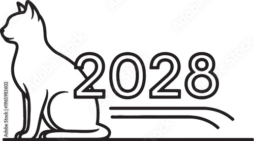 Minimalist Cat Line Art Logo with 2028 Year Text, Vector Animal Outline Illustration