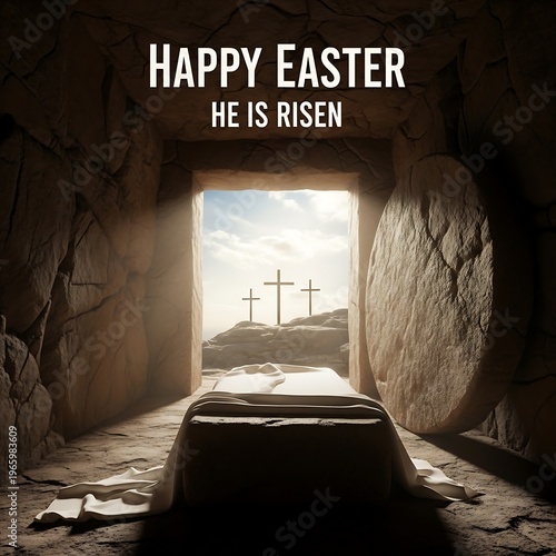 A pixelated image of a tomb with the words happy easter he is risen