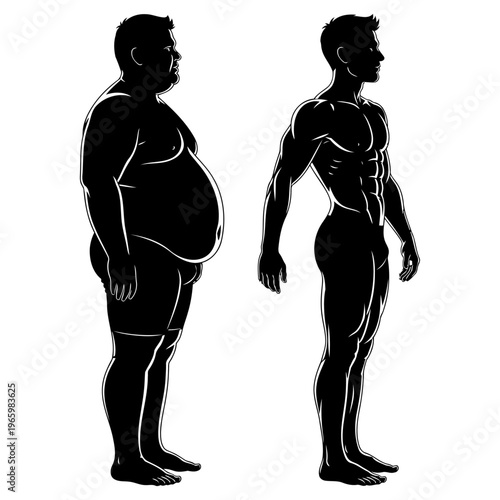 Comparison of overweight and fit male silhouettes. Weight loss, fitness transformation, health, and body concept vector illustration.
