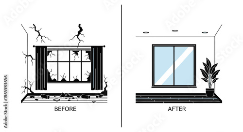 A stark comparison of a room before and after renovation demonstrating repair and improvement silhouette high quality professional detailed modern elegant