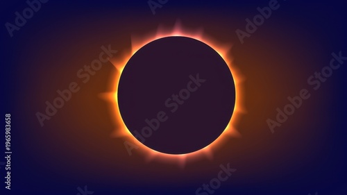 Total solar eclipse illustration with glowing corona and solar flares on dark background