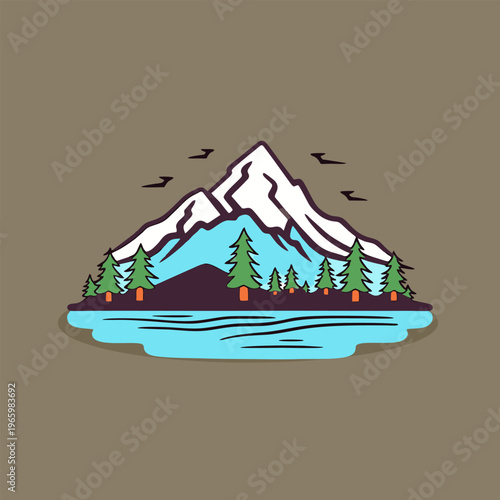 Mountain lake landscape with snow-capped peak blue water