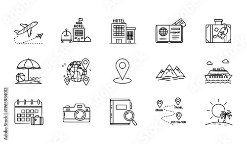 Minimal Travel Tourism Outline Icons Vacation Holiday Line Vector Set