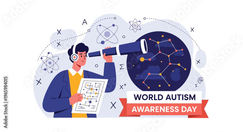 Person looking through telescope at constellations for autism awareness