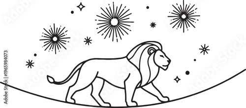 Majestic Lion Line Art Illustration with Celestial Stars and Sunbursts