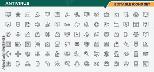 Antivirus icon set in linear style. Outline icons collection. Contains such icons as firewall, safety, threat, protect, protection, anti. Editable vector art. Security icon set.