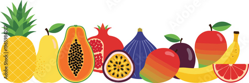 Tropical and Exotic Fruit Vector Set Featuring Pineapple, Papaya, Pomegranate, Passionfruit, Fig, Banana, Apple, and Grapefruit