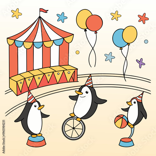 Penguin Family Performing Circus Tricks Coloring Page