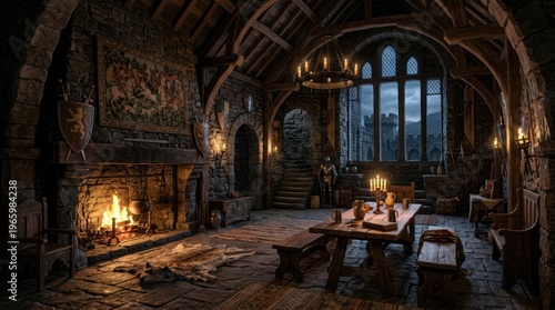 Medieval Castle Interior with Fireplace and Dining.