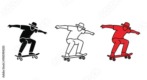 Three stylized figures in silhouette and outline performing skateboarding tricks on skateboards in motion