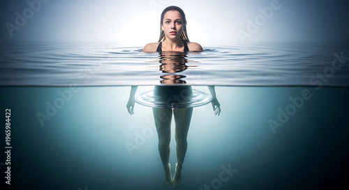 A serene woman's captivating presence, half above and half below the tranquil water, with her mirror-like reflection creating a profound sense of calm, depth, and introspection