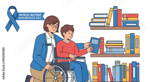 Teacher assisting child in wheelchair with books in a library