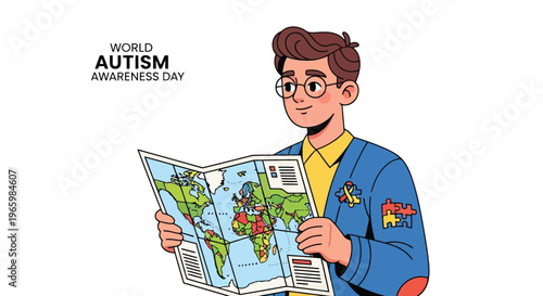 Young man with glasses looking at a world map for autism awareness day