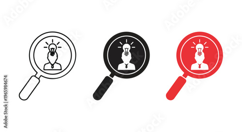 Magnifying glass examining a glowing light bulb symbol representing a new idea or innovation discovery