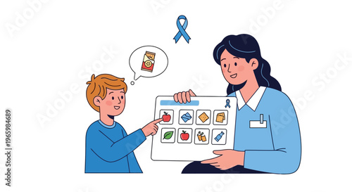 Teacher using a visual food chart to help child with autism choices