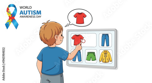 Young boy selecting clothes on digital screen autism awareness art