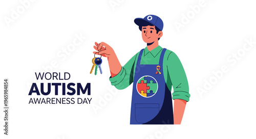 Real estate agent holding keys world autism awareness day illustration