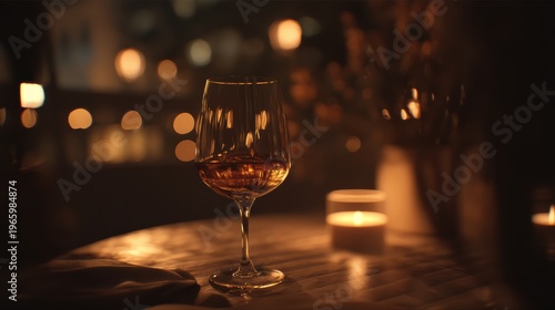 soft glow on glass with blurred shadow pattern on wooden table surface
