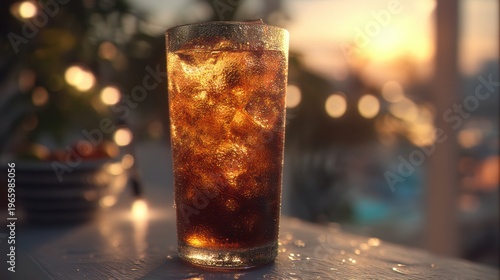 Amber drink in tall glass with condensation and soft string light glow