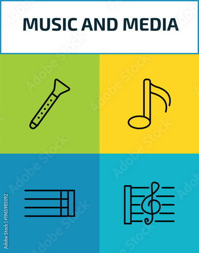 music and media outline icon set. 4 linear vector for ui, web and mobile. thin line clarinet, sixteenth note, bold double bar line, stave icons.