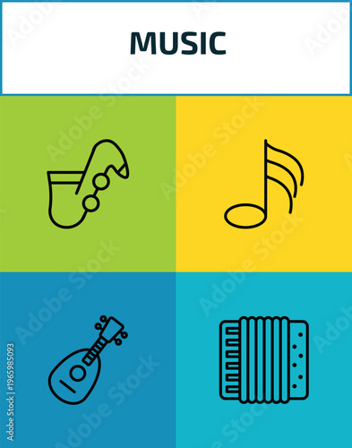 music outline icon set. 4 linear vector for ui, web and mobile. thin line jazz, thirty second note, mandolin, accordion icons.