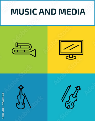 music and media outline icon set. 4 linear vector for ui, web and mobile. thin line trombone, television screen off, violoncello, cello icons.
