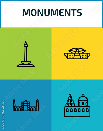 monuments outline icon set. 4 linear vector for ui, web and mobile. thin line national monument monas, dpr/mpr building, id kah mosque, blue domed churches icons.