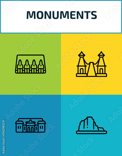 monuments outline icon set. 4 linear vector for ui, web and mobile. thin line abu simbel, bridge of the west, palace of versailles, canyon icons.