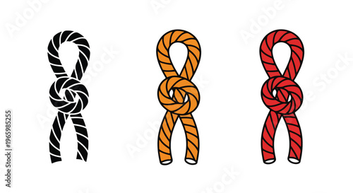 Three different colored climbing knots securely tied with thick ropes, isolated on white background