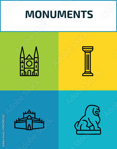 monuments outline icon set. 4 linear vector for ui, web and mobile. thin line chartres cathedral, greek column, thatbyinnyu temple, imperial guardian lion icons.