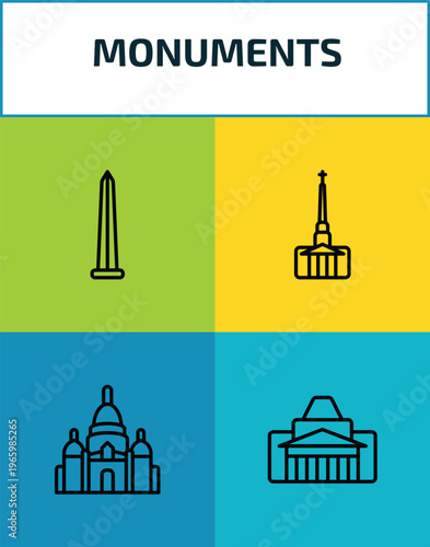 monuments outline icon set. 4 linear vector for ui, web and mobile. thin line obelisk of bue aires, cathedral, , shrine of remembrance icons.