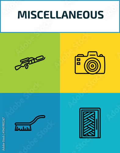 miscellaneous outline icon set. 4 linear vector for ui, web and mobile. thin line flame thrower, camera front, cleaning brush, room door icons.