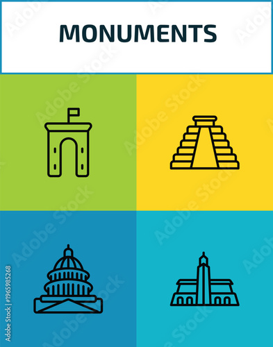 monuments outline icon set. 4 linear vector for ui, web and mobile. thin line ejer baunehoj, maya pyramid, united states capitol, hassan mosque icons.