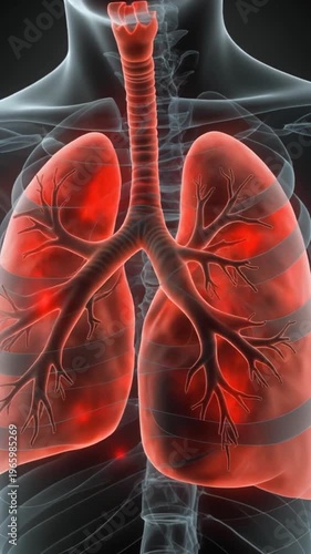 Human torso with highlighted lungs and trachea, glowing red, indicating respiratory health issues, possibly used for medical educational purposes