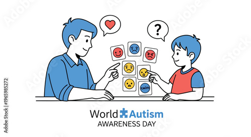 Man teaching young boy emotions with cards for Autism awareness